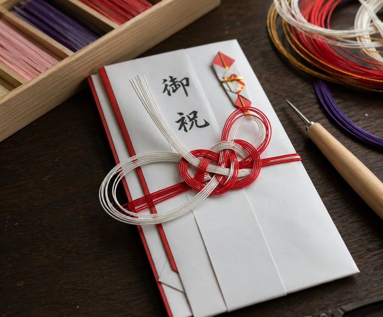 A traditional Japanese Mizuhiki gift envelope with red and white decorative cord knot on a wooden table.