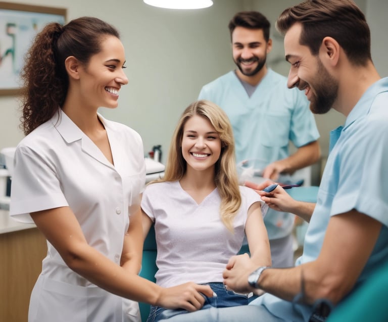 a woman is sitting in a chair in a dental clinic