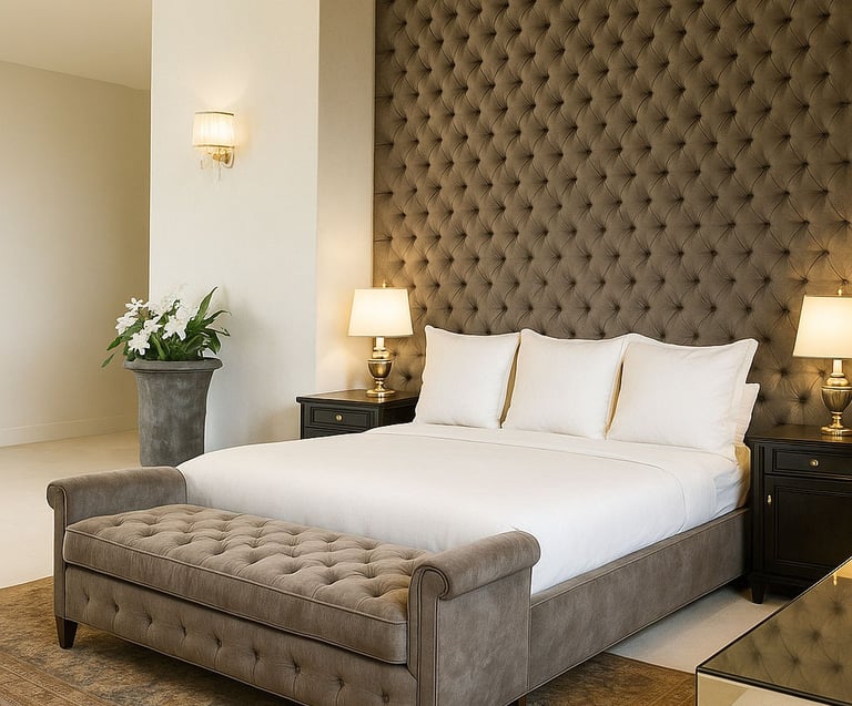 Custom upholstered bed frame and bedroom bench with wall panel headboard by Solo Home Decor