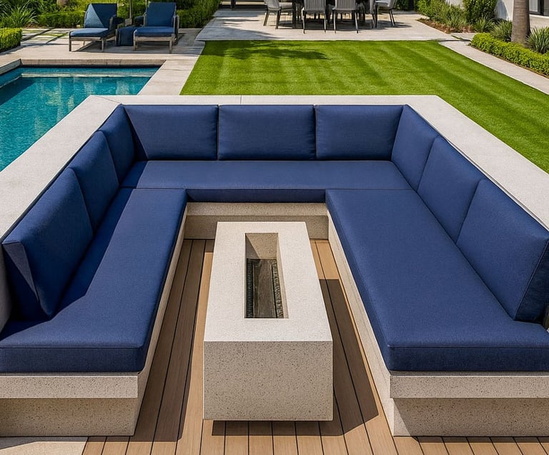 Elegant navy sectional by Solo Home Decor in a luxury backyard with pool, modern fire pit, and lush landscaping.