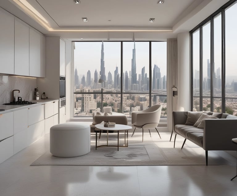 a living room with a view of a city