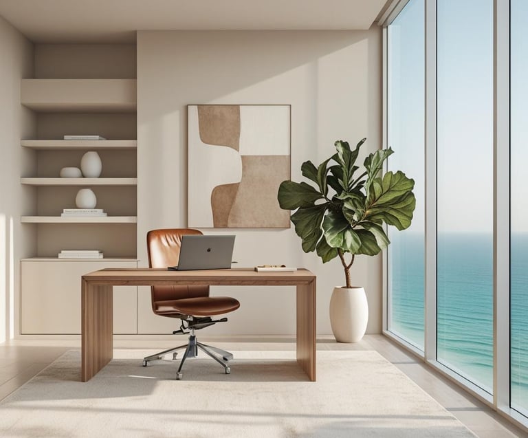 Modern apartment office with wooden desk, large plant, and floor-to-ceiling windows with sea view.