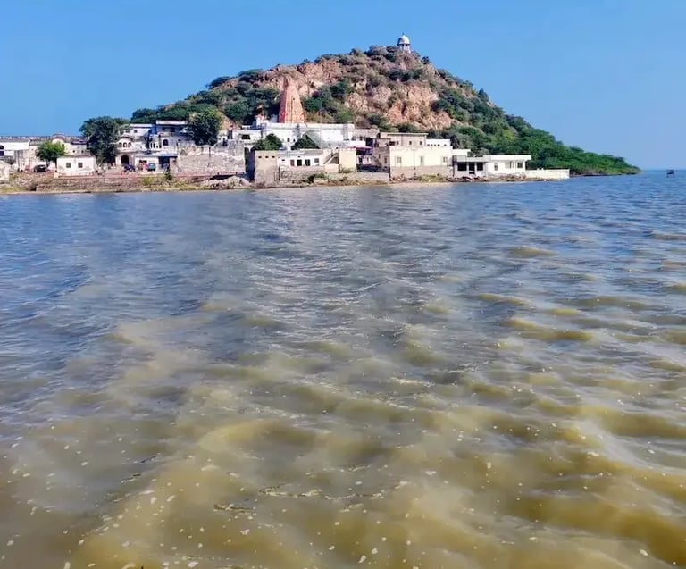 Shakhambhari Devi Temple overlooking the tranquil waters of Sambhar Lake.