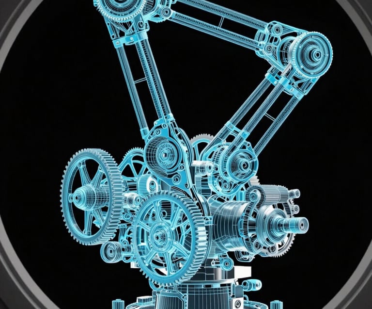 Overhead technical viewport study of a mechanical mech rig in Maya, visible gear-train and piston constraint chains highlighted in cyan-blue, deep black background, precise joint hierarchy visible in wireframe overlay, engine-grade technical lighting