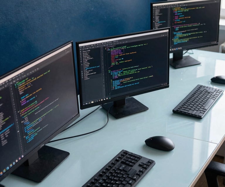 A high-angle shot of a clean, modern workspace with multiple screens displaying code. The lighting is soft and natural. The room features a deep blue accent wall and a light ice blue desk, reflecting a sophisticated and innovative atmosphere.