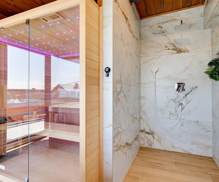 a bathroom with a shower and a sauna