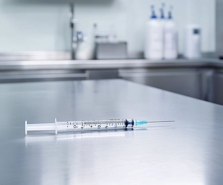 jeringa sobre la mesa de acero inoxidable de un laboratorio