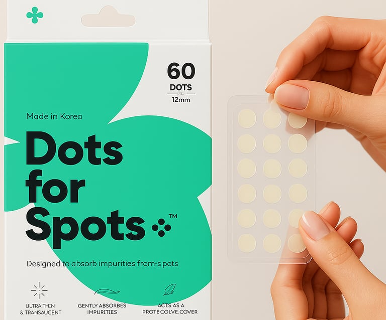 Dots for Spots pimple patch product box with patches on the left and manicured hands 