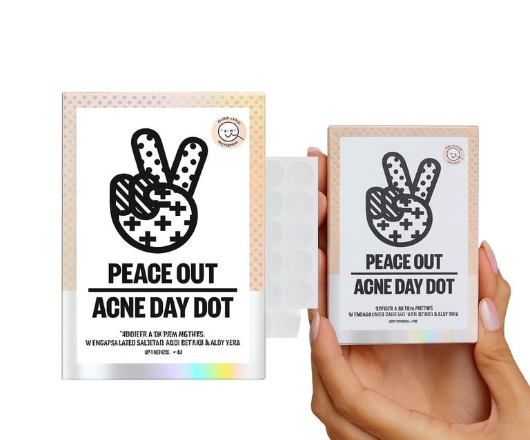 Peace Out Acne Day Dot pimple patch packaging with patches and manicured hands holding pimple patch