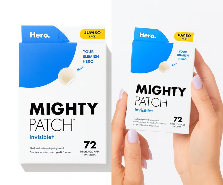 Hero Mighty Patch Invisible+ pimple patch packaging and manicured hands holding the pimple patch