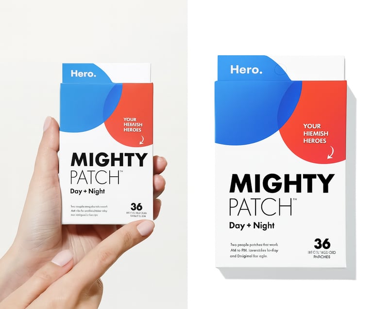 Hero Mighty Patch Day + Night pimple patch packaging and manicured hands holding the pimple patchi
