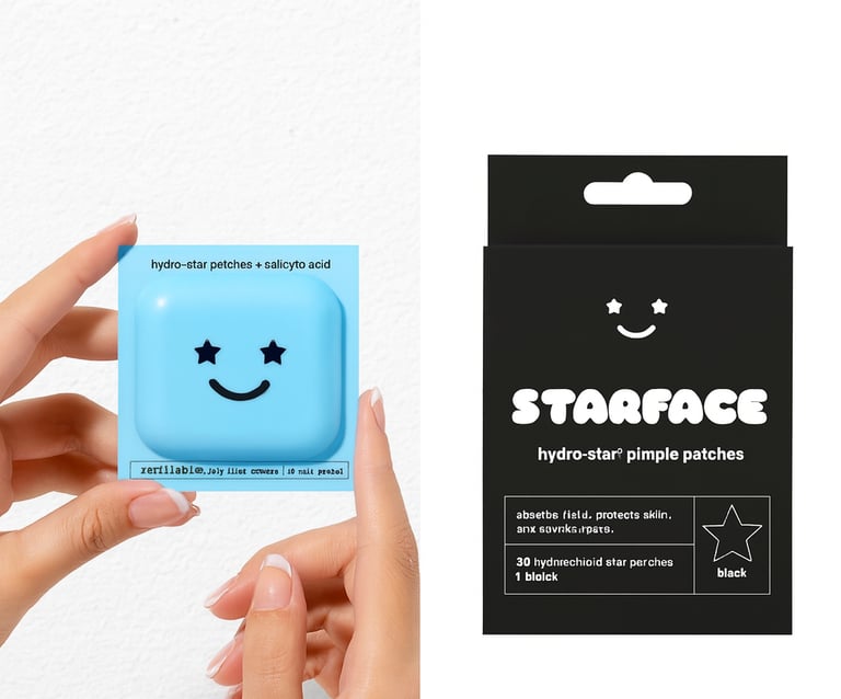 Starface Hydro-Star pimple patch packaging on the right and manicured hands holding Starface compact