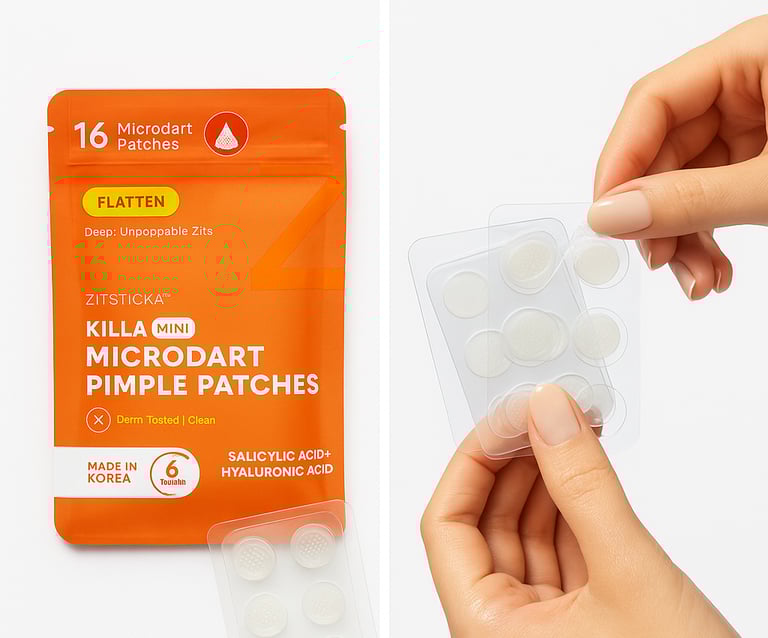 ZitSticka KILLA Mini Microdart Pimple Patches package and hands holding a pack of pimple patches