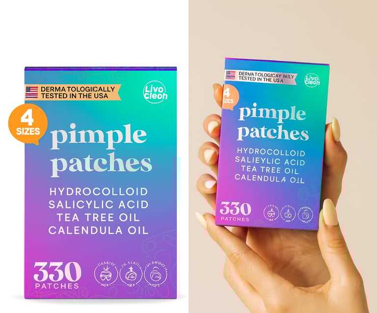 LivaClean Pimple Patches product packaging and hands holding the LivaClean pimple patches