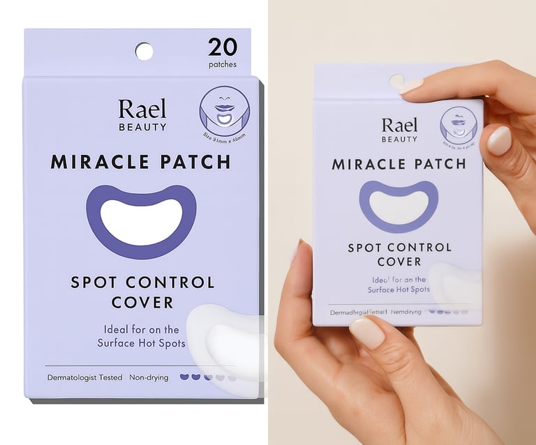 Rael Miracle Patch pimple patch product box on the left and manicured hands holding the pimple patch