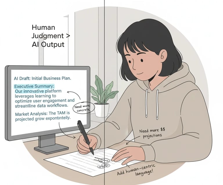 Founder using AI as a supportive tool while retaining judgment in pitch deck creation.