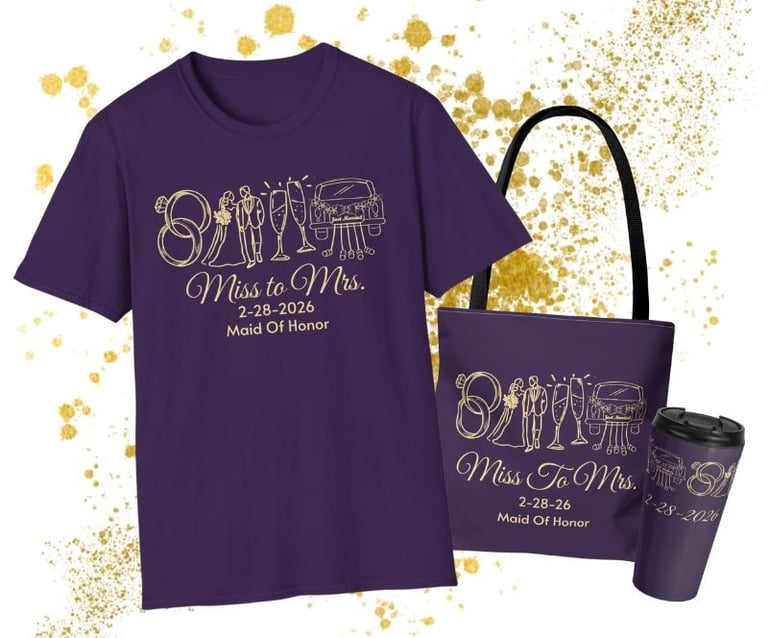 Miss to Mrs.' purple t-shirt, tote bag, and tumbler with custom wedding date.