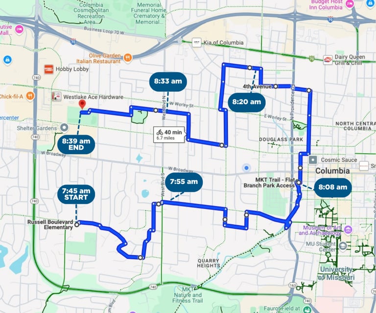Image of the bus route with times marked