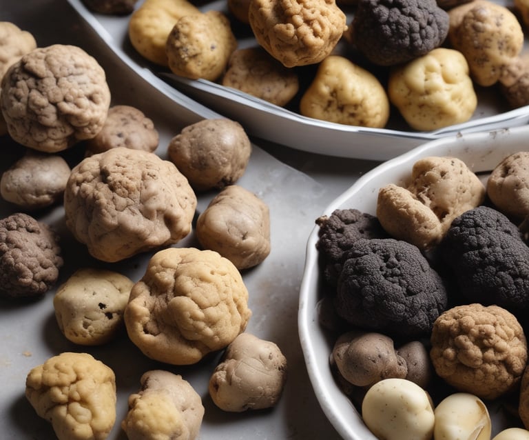Six chocolate truffles rest on a clean white plate with a smooth, light background, creating a minimalist and elegant presentation. Each truffle is coated with a fine dusting of cocoa powder.