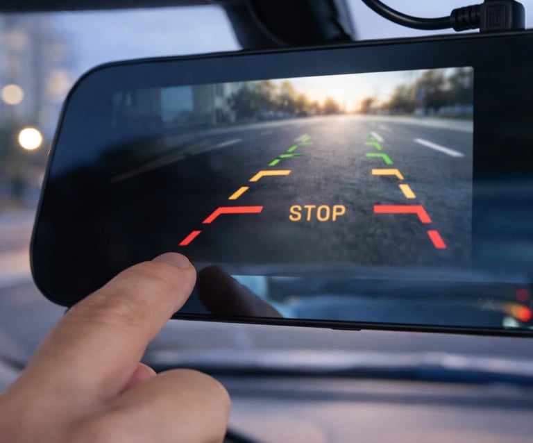 retrovisor com câmera de ré exibindo visão traseira com linhas de guia no carro