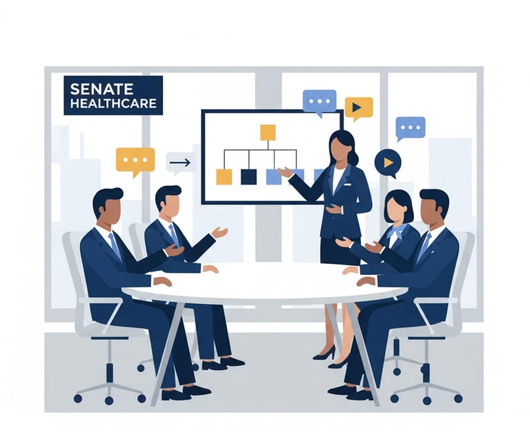 Senate Healthcare LLC logo overlaid on image of diverse healthcare professionals collaborating on st