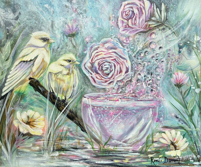 A contemporary painting of two yellow birds perched by roses in a garden with dew drops