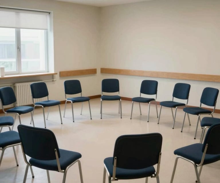 Wide environmental shot of an empty group therapy circle of chairs in a quiet clinical room, overhead institutional lighting blended with natural window light from the side, no people present, focus on the arrangement of chairs and neutral floor