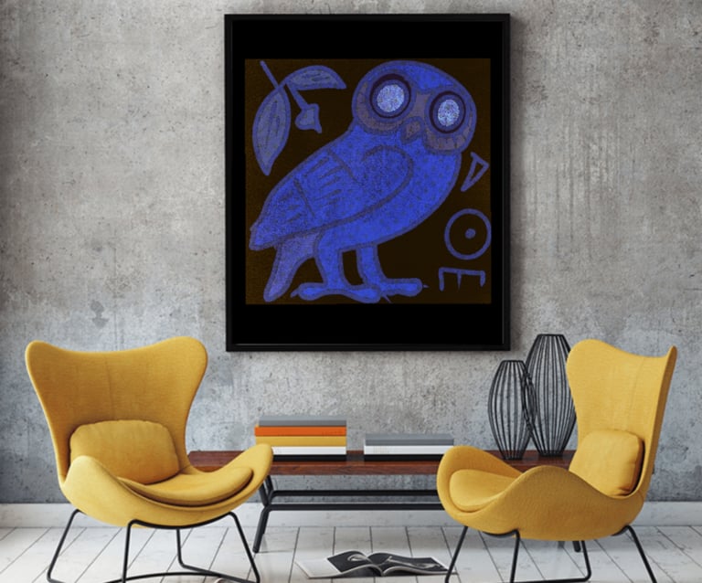 Modern living room with yellow wingback chairs and framed blue owl wall art on a concrete wall.