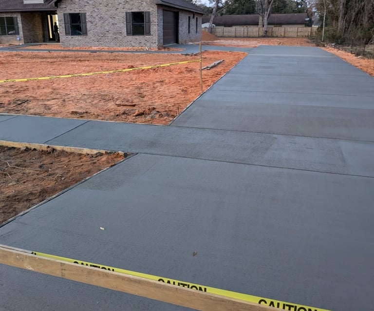 Newly poured concrete driveway in Pensacola FL showing fresh installation and leveling