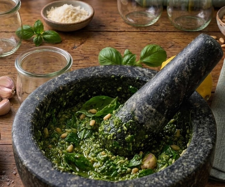 Fresh basil pesto being crushed in a granite mortar and pestle with pine nuts and garlic.