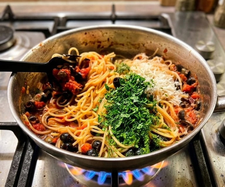 Spaghetti puttanesca with olives and capers topped with fresh parsley and cheese in a pan.