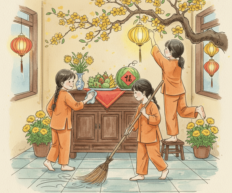Vietnamese family cleaning and decorating their home before Tết, lanterns, yellow apricot blossoms
