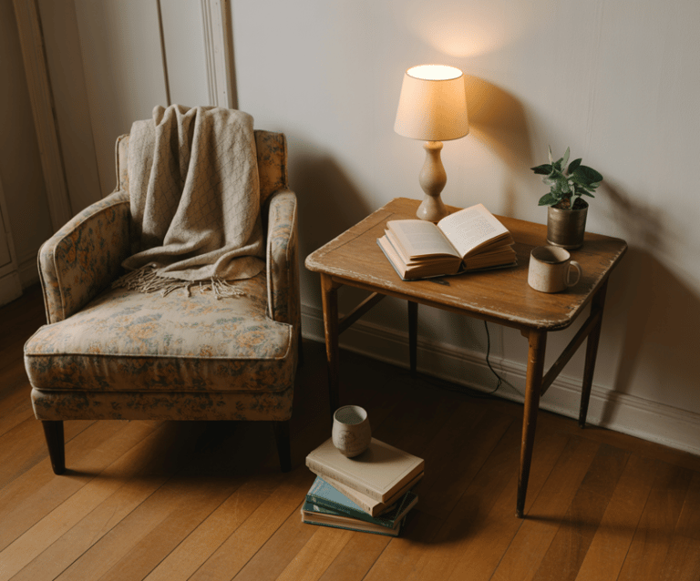 Small reading nook styled with second-hand furniture and minimal accessories, proof that comfort doe