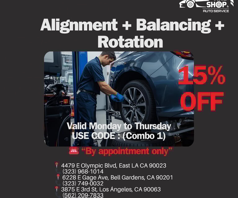 Wheel alignment, tire balancing and rotation service in Los Angeles at Fast Tire Shop with 15 percen