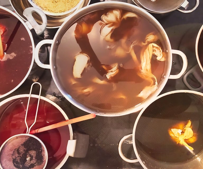 bains de teinture vegetale artisanale en atelier textile