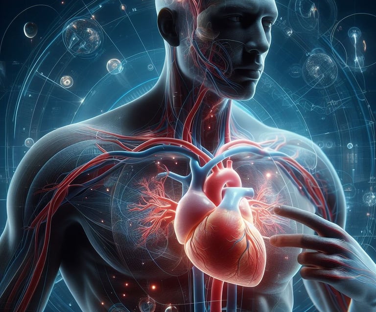 Hombre con el corazón visible en 3D, mostrando latidos y conexiones con el cuerpo.