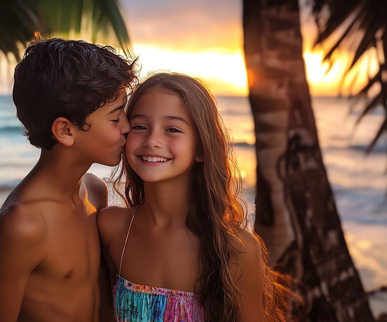 Fotografía de una niña de 12 años siendo besada en la mejilla por un niño de 12 años 