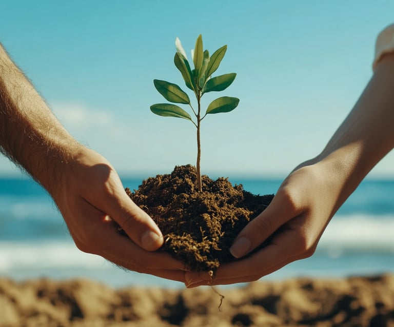 Mano de un hmbre y una mujer y sobre ellos un bulto de tierra con una planta creciendo