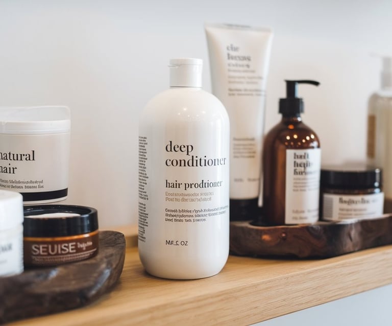 Hair care products layout, deep conditioner, natural hair products, professional salon setting, clean aesthetic