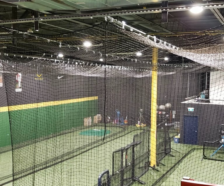a baseball player is taking a swing at a batting cage