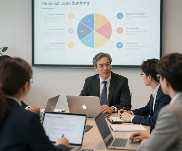 A professional team collaborating over financial charts and data projections in a modern office.