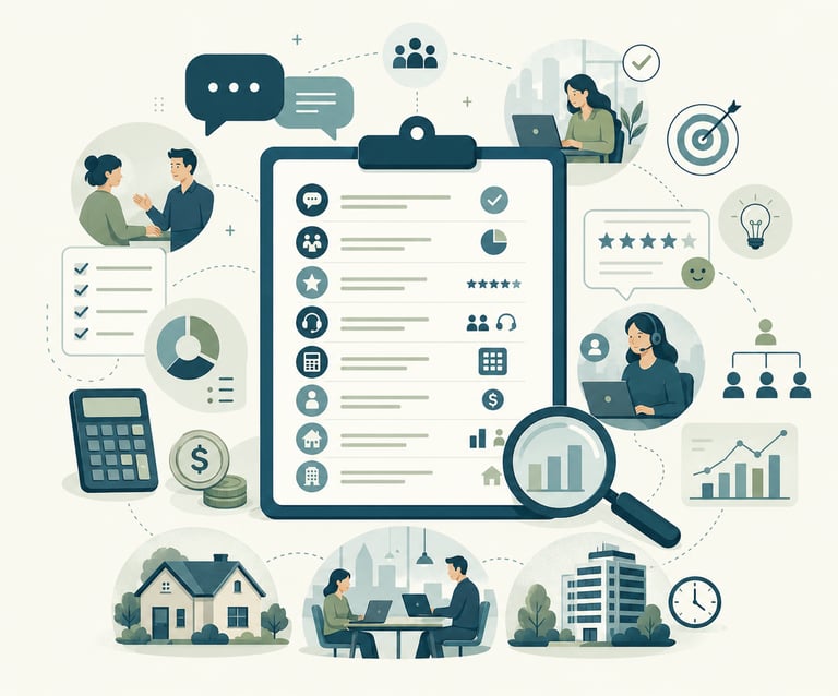 Business management illustration showing project planning, data analytics, and customer service icons.