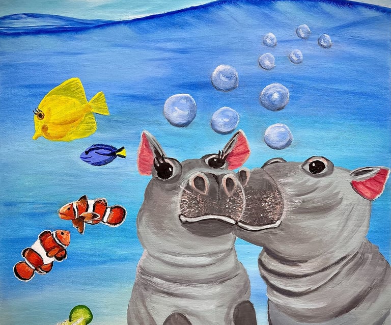 a painting of two hippo in the ocean