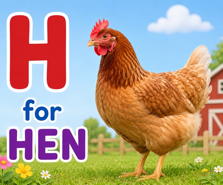 Educational alphabet flashcard showing the letter H for hen with a brown chicken on a farm.