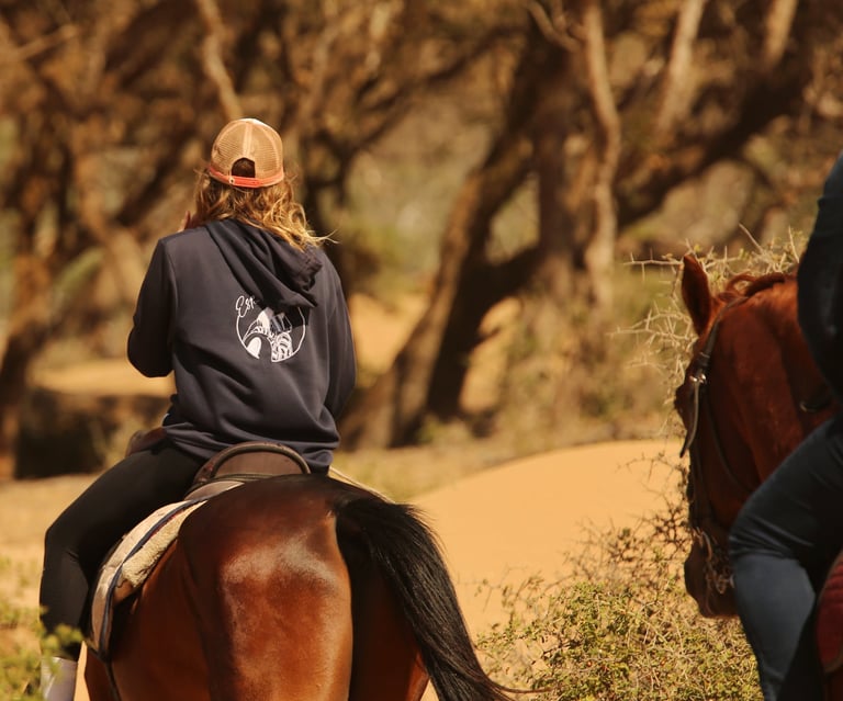 une femme guide montant un cheval dans des dunes et la forêt