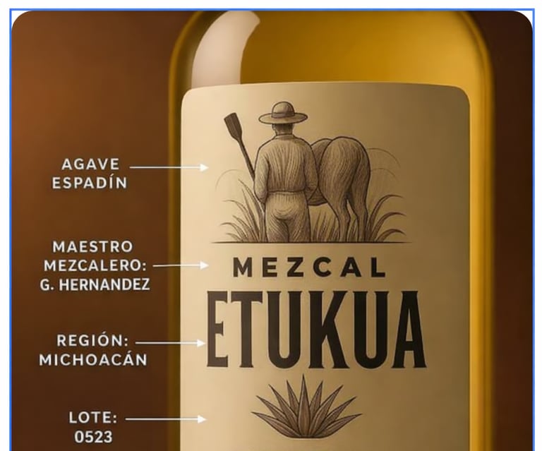 rimer plano de etiqueta de mezcal Etukua con indicadores que señalan el tipo de agave, maestro mezc