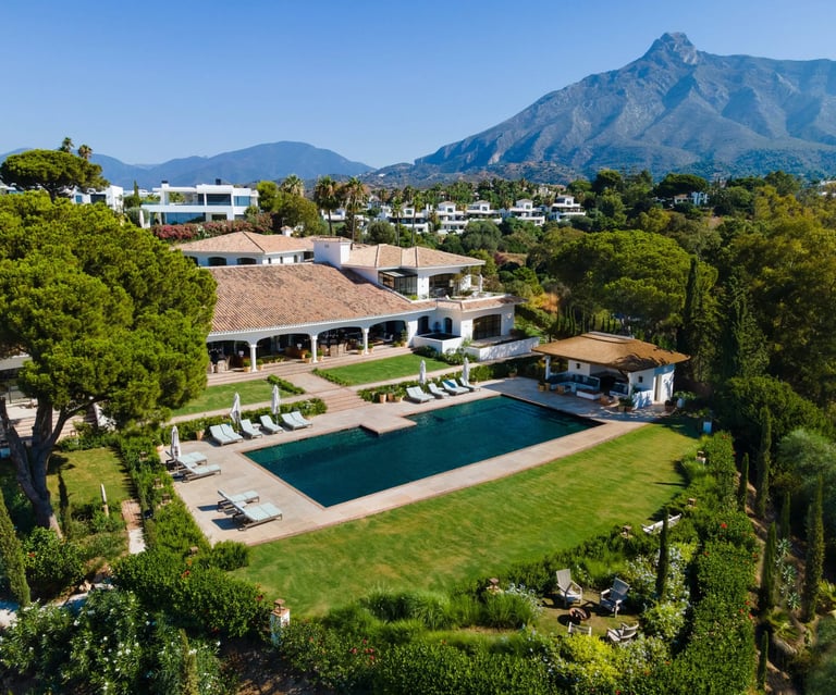 Aerial view of Villa La Gratitud with La Concha backdrop