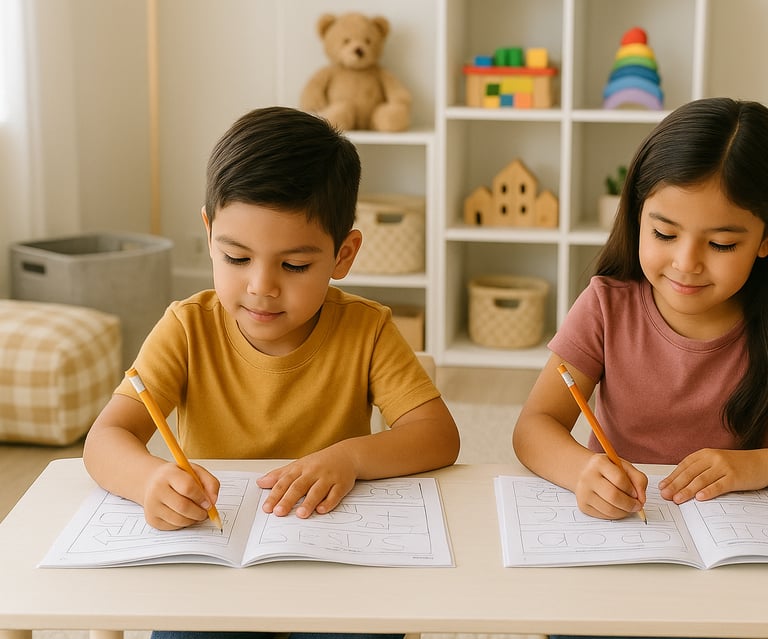 two children are sitting at a table with pencils and pencils