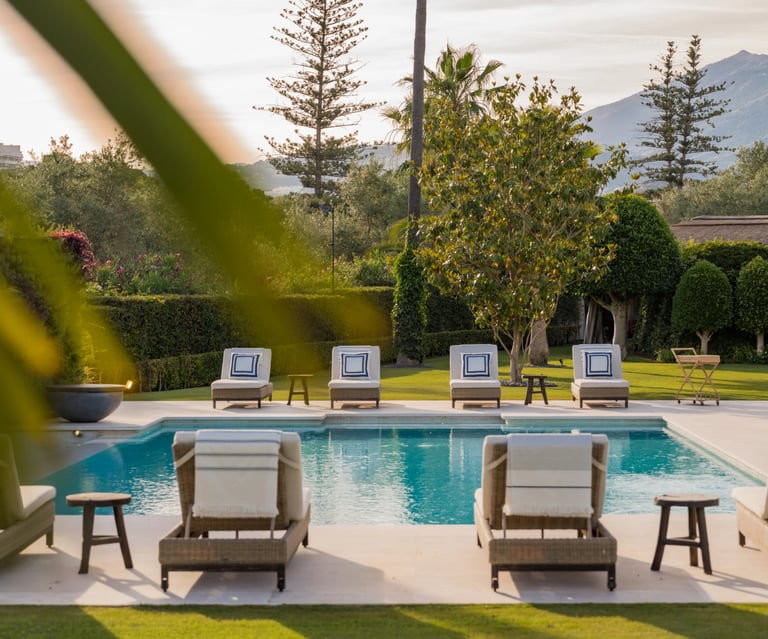 Main pool and gardens at Villa El Olivo, Marbella Golf Valley
