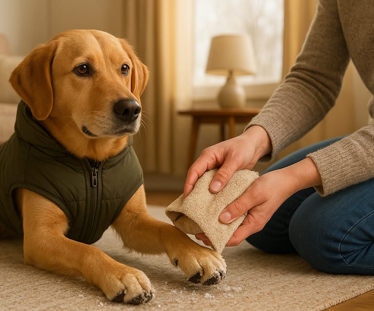 Cleaning dog paws after snowy winter walk to remove salt and ice in Burlington, Oakville, or Milton